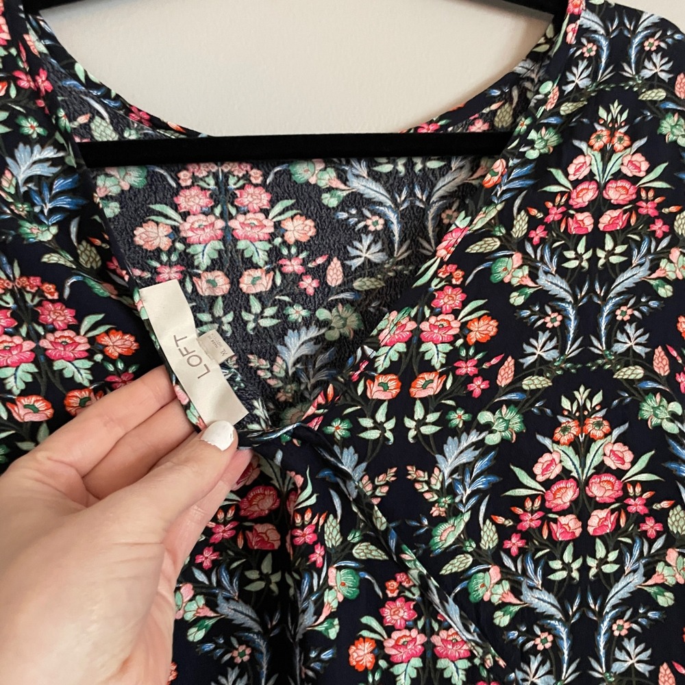 LOFT Floral Damask Print Long Sleeve Cropped Blouse‎ Navy XL feminine career nwt - Picture 5 of 14